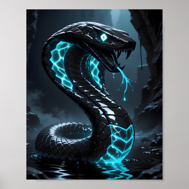 Blue Neon Black Snake Glowing Cobra Fantasy Poster (Vorne)