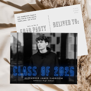 Blue Neon Class of 2022 Foto Graduation Party Einladungspostkarte