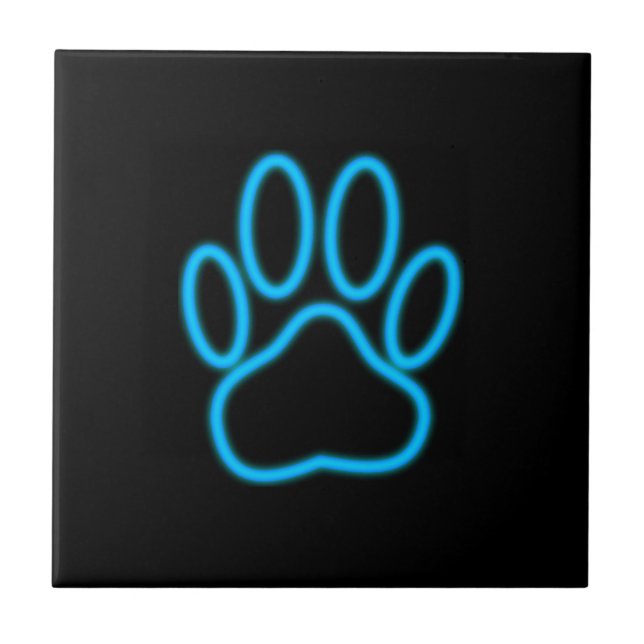 Blue Neon Dog Paw Print Fliese (Vorderseite)