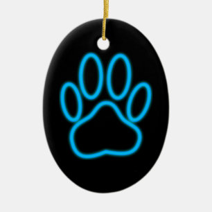 Blue Neon Dog Paw Print Keramik Ornament