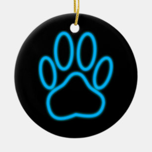 Blue Neon Dog Paw Print Keramik Ornament