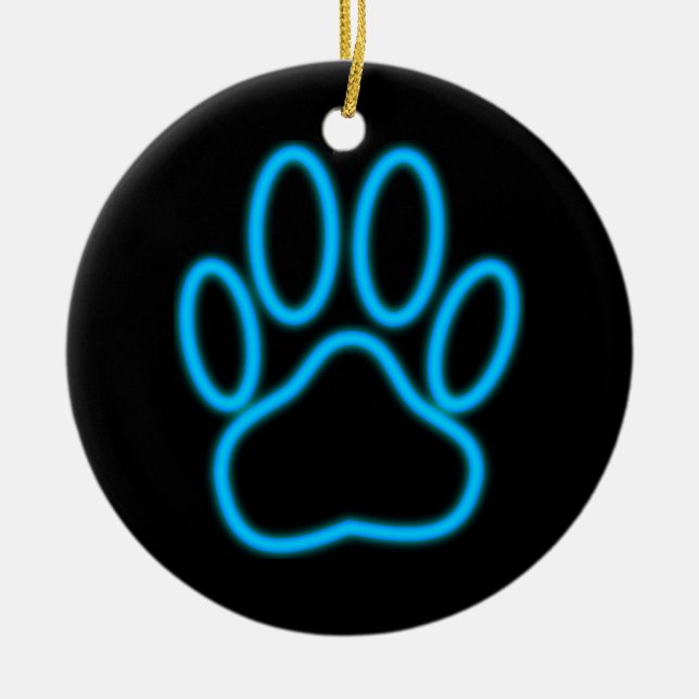Blue Neon Dog Paw Print Keramik Ornament (Vorne)