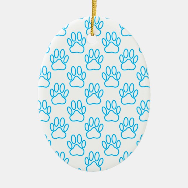 Blue Neon Dog Paw Print Pattern Keramik Ornament (Vorne)