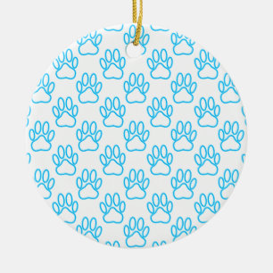 Blue Neon Dog Paw Print Pattern Keramikornament
