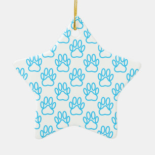 Blue Neon Dog Paw Print Pattern Keramikornament