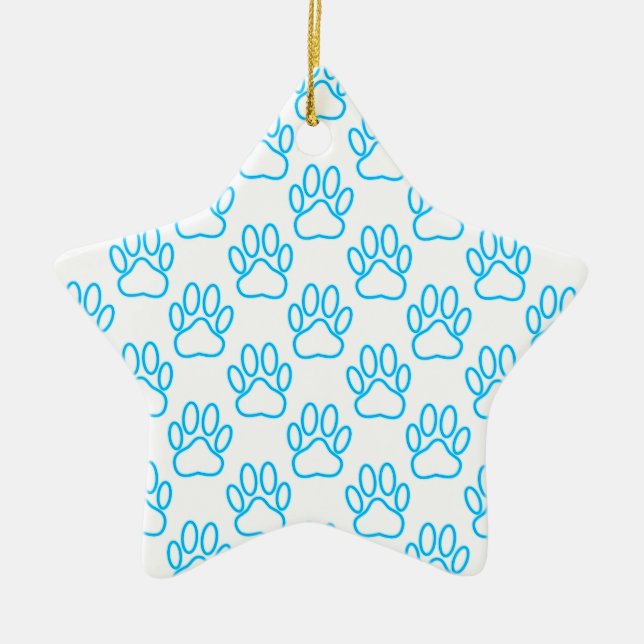 Blue Neon Dog Paw Print Pattern Keramikornament (Vorne)