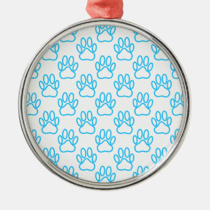 Blue Neon Dog Paw Print Pattern Ornament Aus Metall