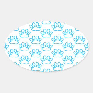 Blue Neon Dog Paw Print Pattern Ovaler Aufkleber