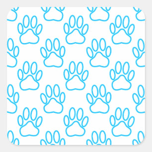 Blue Neon Dog Paw Print Pattern Quadratischer Aufkleber