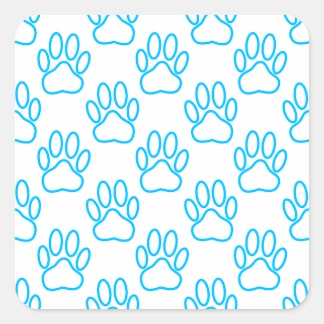 Blue Neon Dog Paw Print Pattern Quadratischer Aufkleber (Vorderseite)