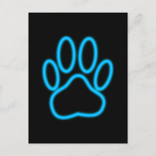 Blue Neon Dog Paw Print Postkarte
