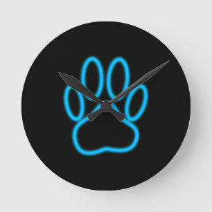 Blue Neon Dog Paw Print Runde Wanduhr