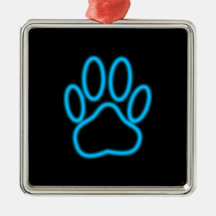 Blue Neon Dog Paw Print Silbernes Ornament