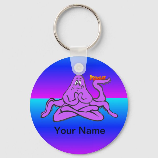 Blue Neon Yoga Octopus Cartoon Cust. Text-Schlüsse Schlüsselanhänger (Vorderseite)