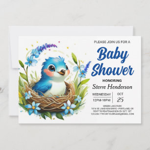 Blue Nest Elegant Bird Boy Baby Shower Einladung