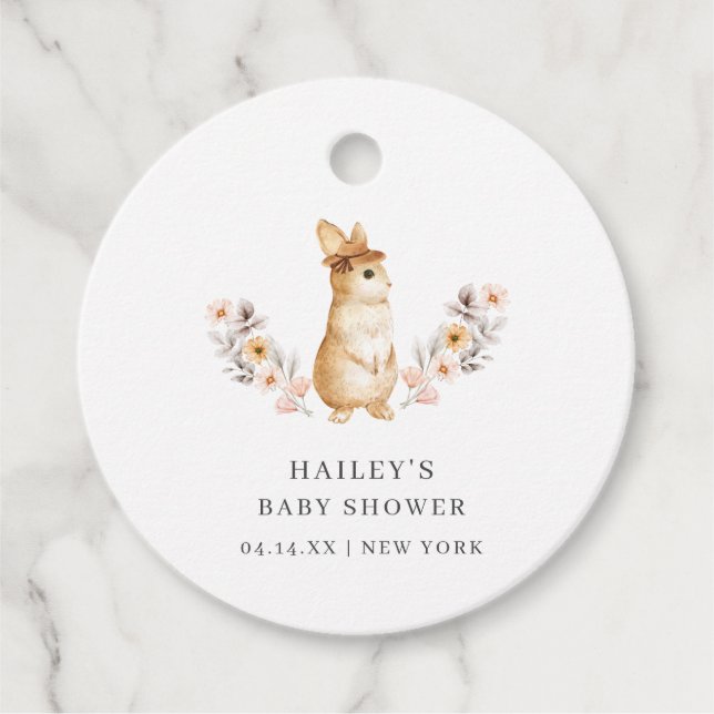 Blue Neutral Bunny Wildblume Babydusche Geschenkanhänger (Vorderseite)