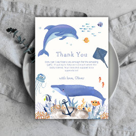 Blue Neutral Ocean Dolphin Whale Boy Baby Shower Dankeskarte