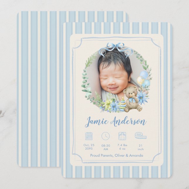 Blue Newborn Birth Photo Baby Boy Announcement Ankündigung (Vorne/Hinten)