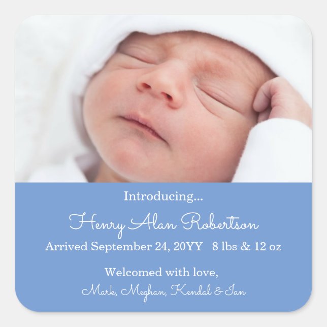 Blue Newborn Foto Birth Announcement Baby Boy Quadratischer Aufkleber (Vorderseite)