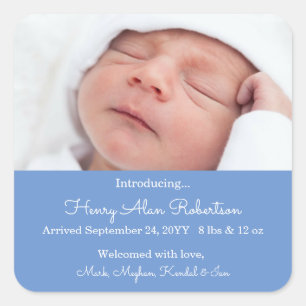 Blue Newborn Foto Birth Announcement Baby Boy Quadratischer Aufkleber