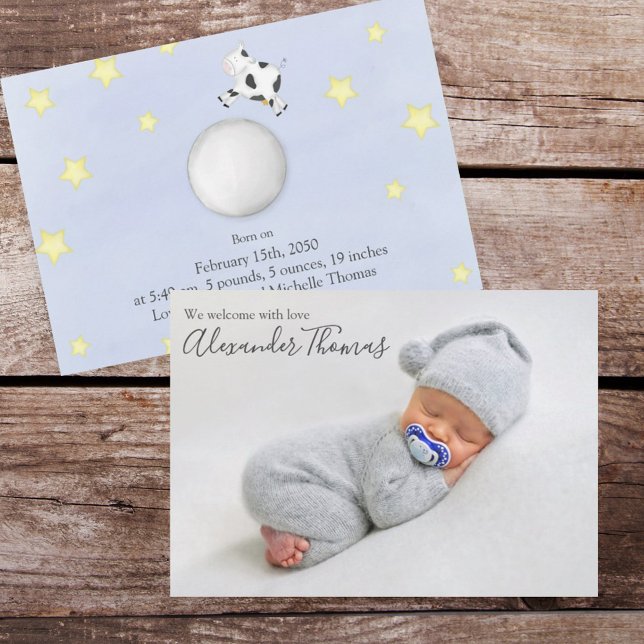Blue Newborn Foto Kinderzimmer Rhyme Ankündigung (Baby announcement with light blue and stars. )