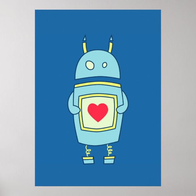 Blue Niedlich Clumsy Robot mit Herz Poster (Vorne)