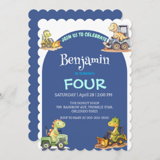 Blue Niedlich Dinosaurier Traktor Rainbow School G Einladung