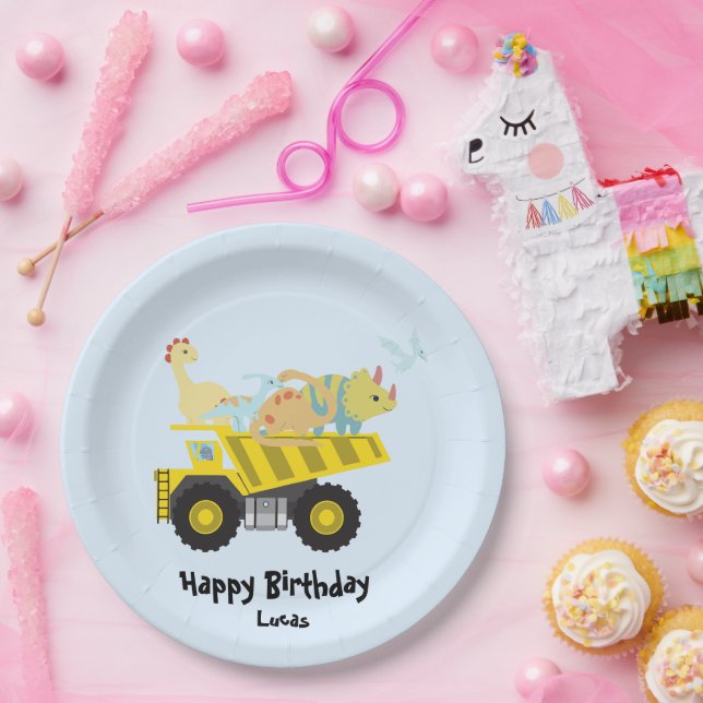 Blue Niedlich Fun Dinosaurier Traktor HBD DIY NAme Pappteller (Party)