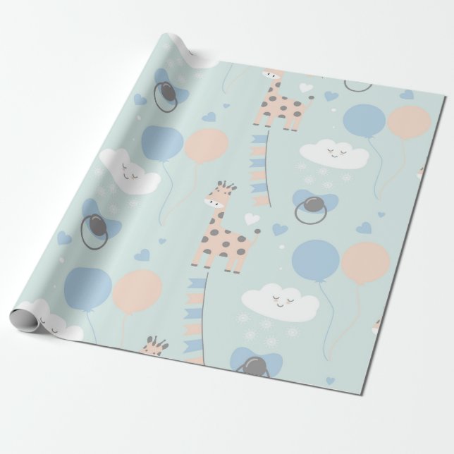 Blue Niedlich Giraffe Baby Duschmuster Geschenkpapier (Ungerollt)