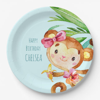 Blue Niedlich Monkey Personalisiert Happy Birthday Pappteller