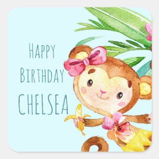 Blue Niedlich Monkey Personalisiert Happy Birthday Quadratischer Aufkleber