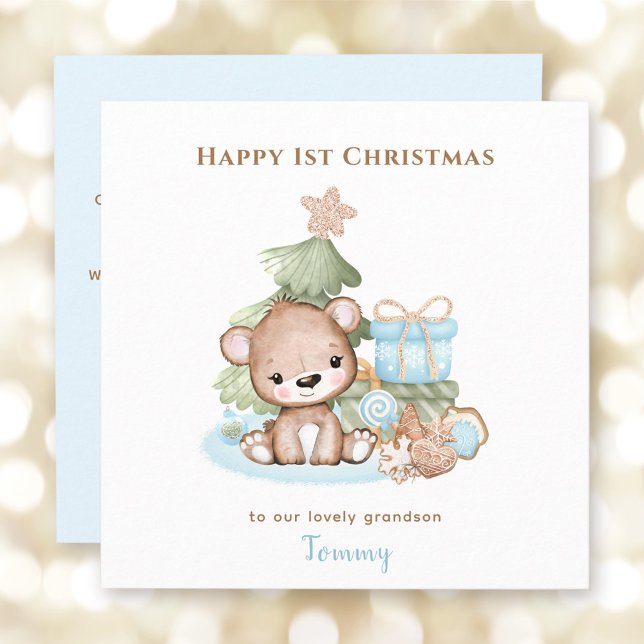 Blue Niedlich Teddy Bear Boy Erste Weihnachtsfeier Karte (Blue Cute Teddy Bear Boy First Christmas Card)
