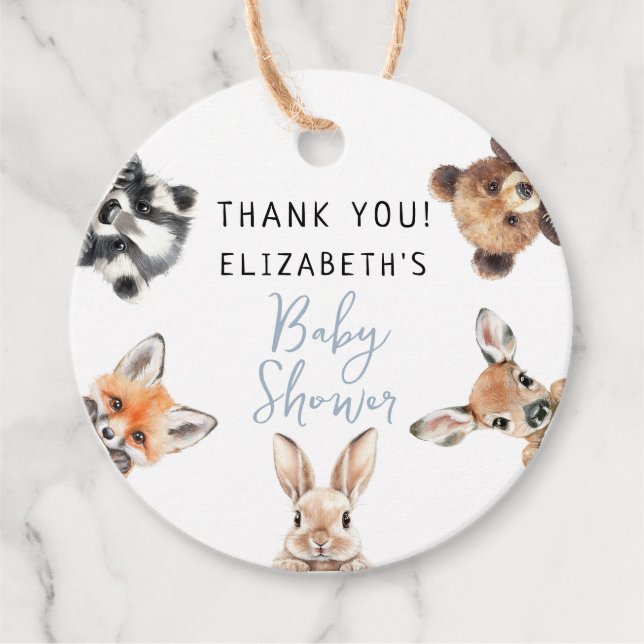 Blue Niedlich Watercolor Woodland Animals Baby Dus Geschenkanhänger (Vorderseite)