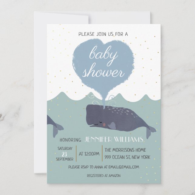 Blue Niedlich Whale Baby Dusche Einladung (Vorderseite)