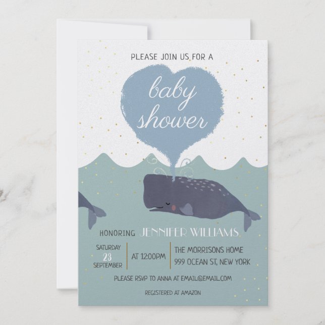 Blue Niedlich Whale Baby Dusche Einladung (Vorderseite)