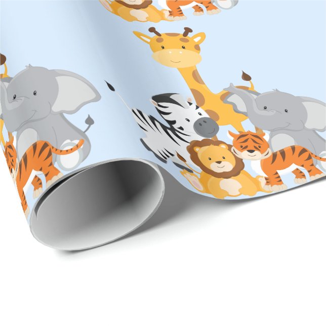 Blue Niedliche Jungle Baby Animal Wrapping Paper Geschenkpapier (Rolleneckpunkt)