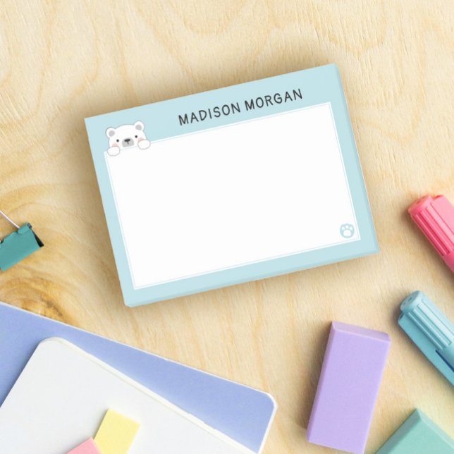 Blue Niedlicher Polar Bär & Paws Name hinzufügen Post-it Klebezettel (Von Creator hochgeladen)