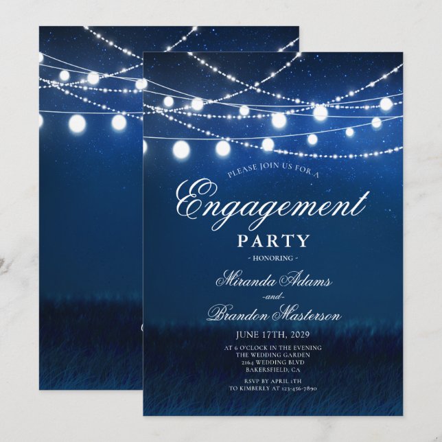 Blue Night and Silight Lights Engagement Party Einladung (Vorne/Hinten)