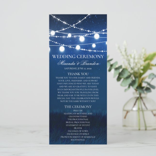 Blue Night and Silver Lights Wedding Program Card (Stehend Vorderseite)