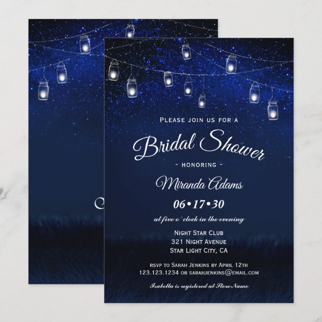 Blue Night Mason Jar String Lights Brautparty Einladung (Vorne/Hinten)