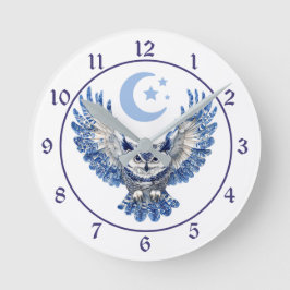 Blue Night Owl and Moon Runde Wanduhr