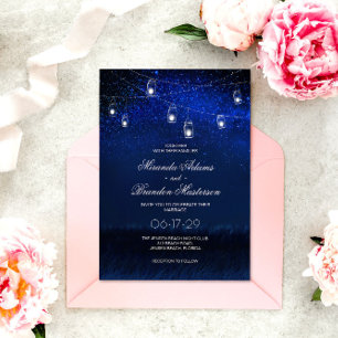 Blue Night Silver Mason Jar String Lights Hochzeit Einladung