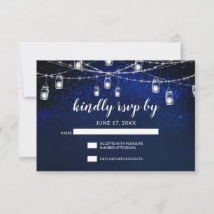 Blue Night Silver Mason Jar String Lights Hochzeit RSVP Karte