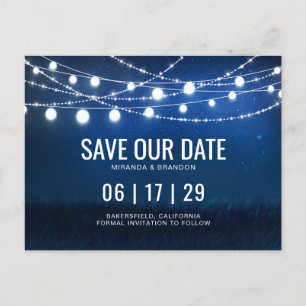 Blue Night & Silver String Lights Save the Date Ankündigungspostkarte