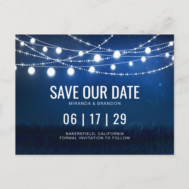 Blue Night & Silver String Lights Save the Date Ankündigungspostkarte (Vorderseite)