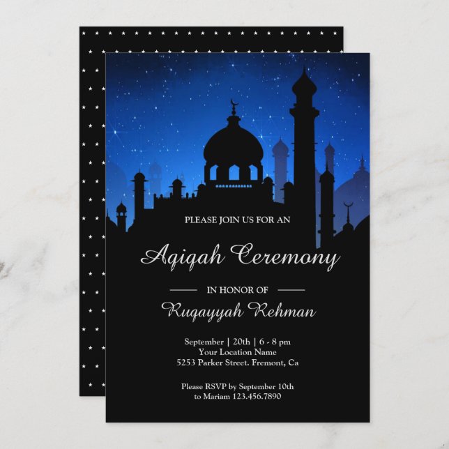 Blue Night Sky Arabian Nights Aqiqah Einladung (Vorne/Hinten)