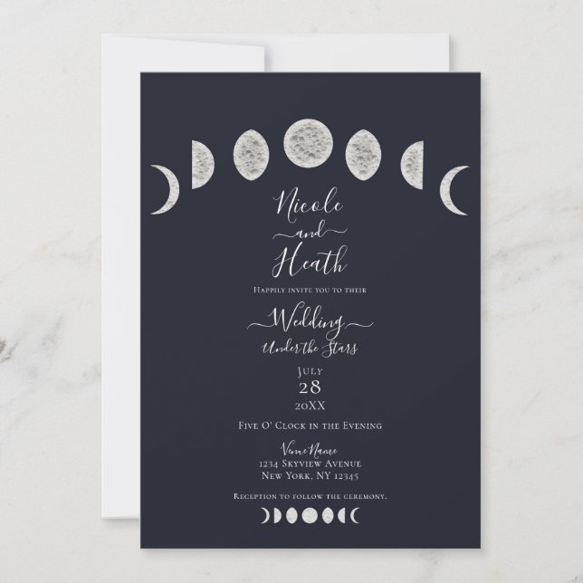 Blue Night Sky Moon Phases Abend Hochzeit Einladung (Vorderseite)