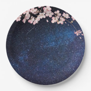 Blue Nightsky Galaxy & Cherry Blossom Verlobung Pappteller