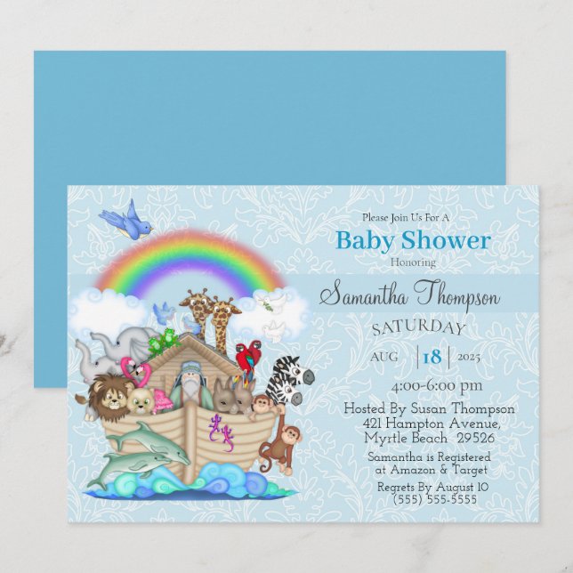 Blue Noah's Ark Baby Shower Einladung (Vorne/Hinten)