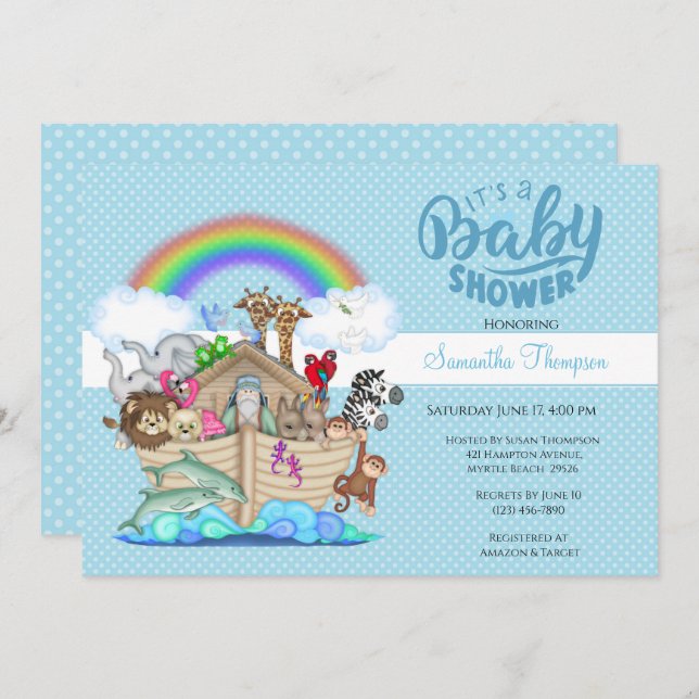 Blue Noah's Ark Baby Shower Einladung (Vorne/Hinten)